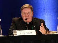 Cardinal Joseph Tobin of Newark answered questions during a press conference at the 2019 USCCB General Assembly on June 13, 2019.